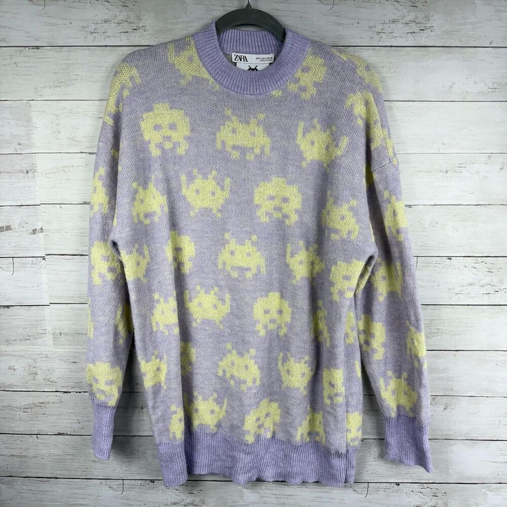 Zara Purple/Green Space Invaders Oversized Sweater